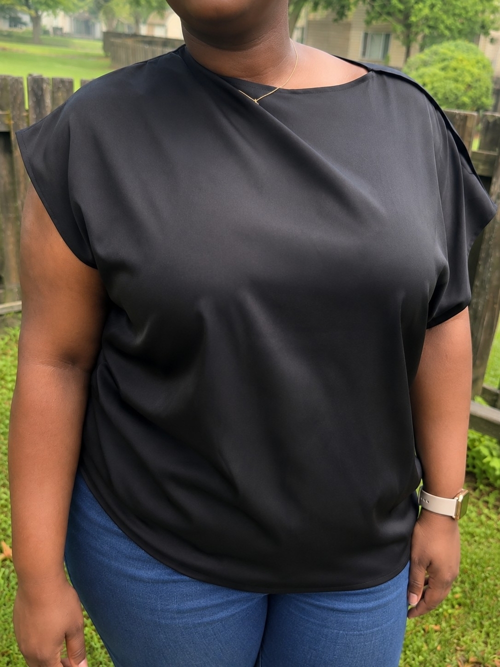 Women’s Black Draped Cap-Sleeve Top